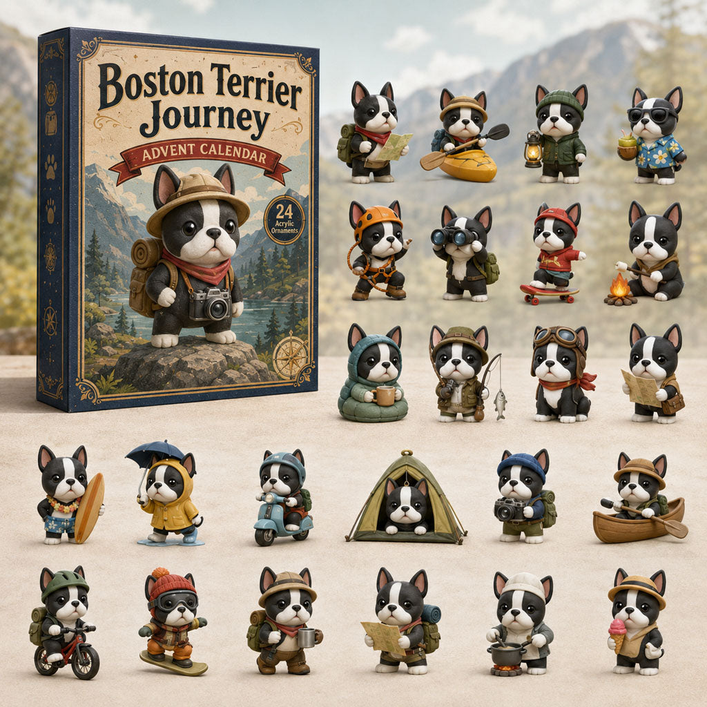 CHRISMAST KICKOFF 40% OFF - Boston Terrier Journey Advent Calendar 2026 - 24-Day Festive Countdown, Acrylic Charms Blind Box - Gift For Dog Lovers AC0TH146