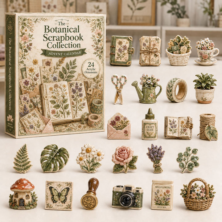 CHRISTMAS KICKOFF 40% OFF - Botanical Scrapbook Advent Calendar 2026 - 24-Day Festive Countdown, Acrylic Charms Blind Box - Gift For Scrapbook Lovers