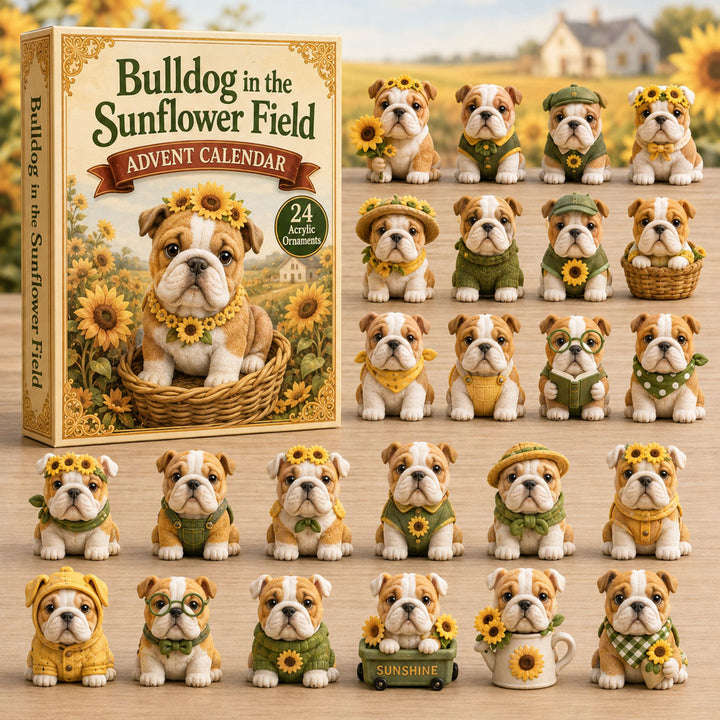 CHRISTMAS KICKOFF 40% OFF - Bulldog In The Sunflower Field Advent Calendar 2026 - 24-Day Festive Countdown, Acrylic Charms Blind Box - Gift For Bulldog Lovers AC0TH084