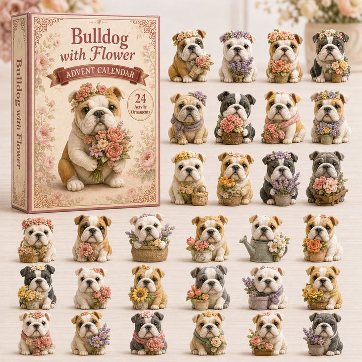 CHRISTMAS KICKOFF 40% OFF - Bulldog With Flower Advent Calendar 2026 - 24-Day Festive Countdown, Acrylic Charms Blind Box - Gift For Bulldog Lovers AC0TH087