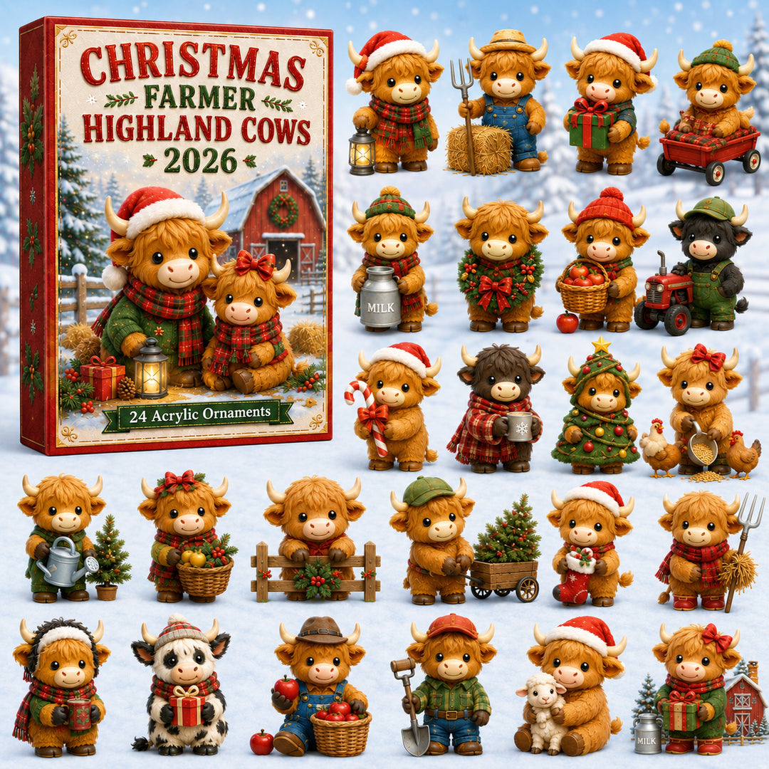 CHRISTMAS KICKOFF 40% OFF - Christmas Highland Cow Farmer Advent Calendar 2026 - 24-Day Festive Countdown, Acrylic Charms Blind Box - Gift For Highland Cow Lovers