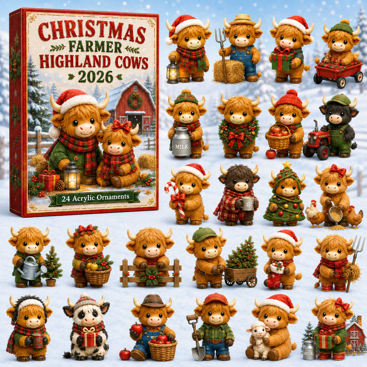 CHRISTMAS KICKOFF 40% OFF - Christmas Highland Cow Farmer Advent Calendar 2026 - 24-Day Festive Countdown, Acrylic Charms Blind Box - Gift For Highland Cow Lovers