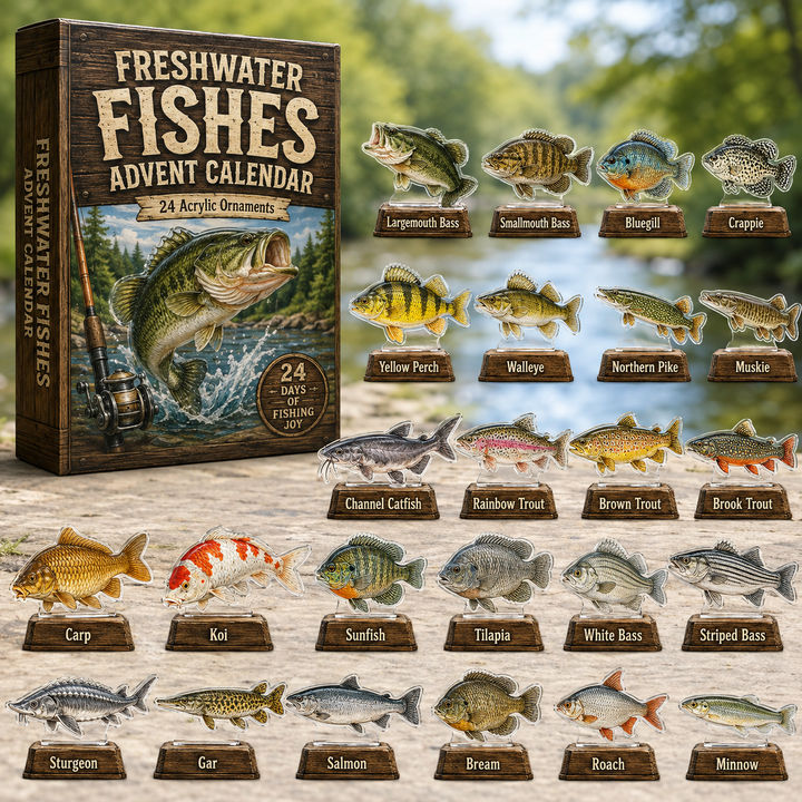 🐟 CHRISTMAS KICKOFF 40% OFF ✨ - Freshwater Fishing Species Advent Calendar 2026 - 24-Day Festive Countdown, Acrylic Charms Blind Box - Gift For Fishing Lovers