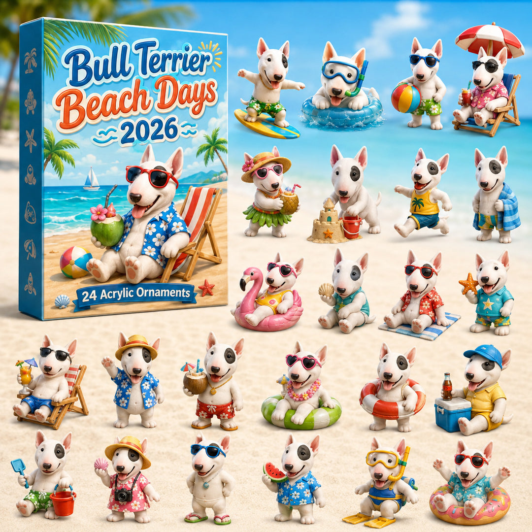 CHRISTMAS KICKOFF 40% OFF - Bull Terrier Beach Days Advent Calendar 2026 - 24-Day Festive Countdown, Acrylic Charms Blind Box - Gift For Bull Terrier Lovers AC0HT181