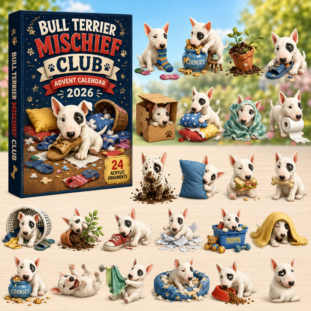 CHRISTMAS KICKOFF 40% OFF - Bull Terrier Mischief Club Advent Calendar 2026 - 24-Day Festive Countdown, Acrylic Charms Blind Box - Gift For Bull Terrier Lovers AC0HT179