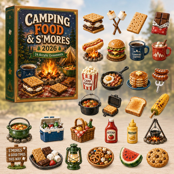 CHRISTMAS KICKOFF 40% OFF - Camping Food & Smores Advent Calendar 2026 - 24-Day Festive Countdown, Acrylic Charms Blind Box - Gift For Campers, Family & Friends