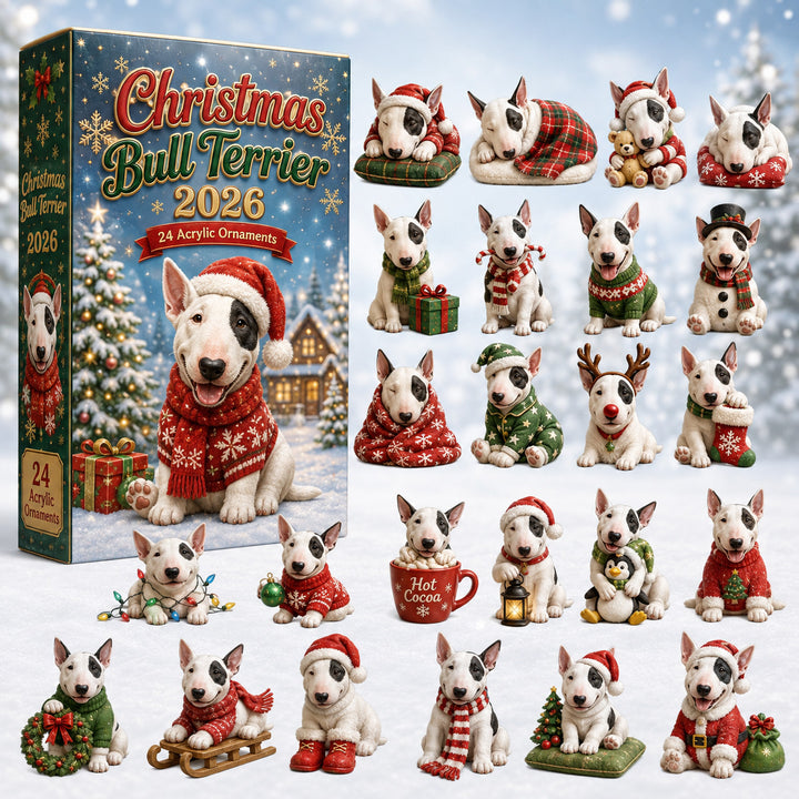 CHRISTMAS KICKOFF 40% OFF - Christmas Bull Terrier Advent Calendar 2026 - 24-Day Festive Countdown, Acrylic Charms Blind Box - Gift For Bull Terrier Lovers AC0HT177