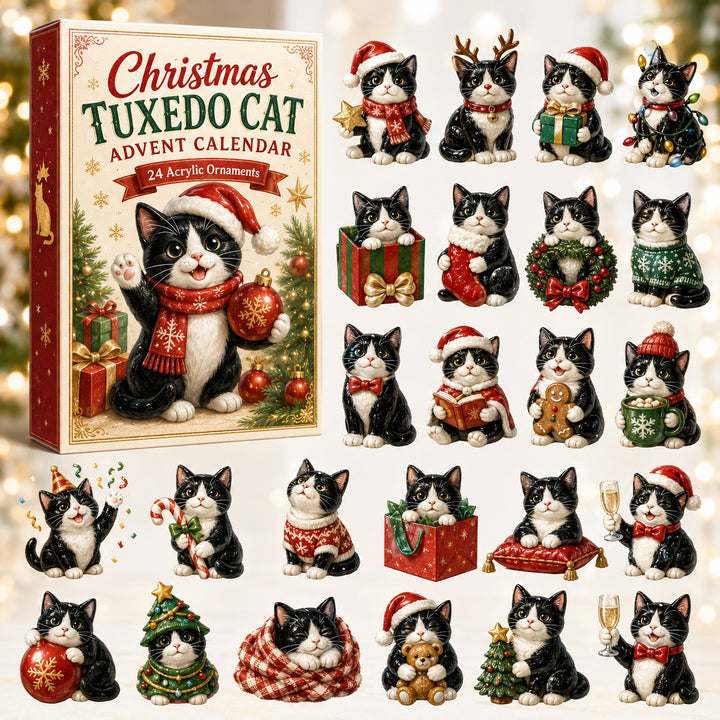 CHRISTMAS KICKOFF 40% OFF - Christmas Tuxedo Cat Advent Calendar 2026 - 24-Day Festive Countdown, Acrylic Charms Blind Box - Gift For Cat Lovers