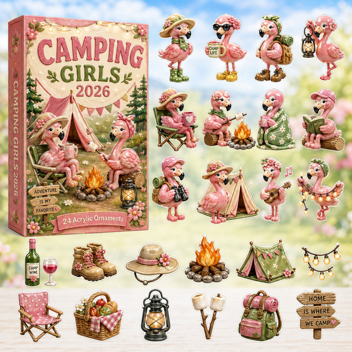 CHRISTMAS KICKOFF 40% OFF - Flamingo Camping Girls Advent Calendar 2026 - 24-Day Festive Countdown, Acrylic Charms Blind Box - Gift For Campers, Family & Friends