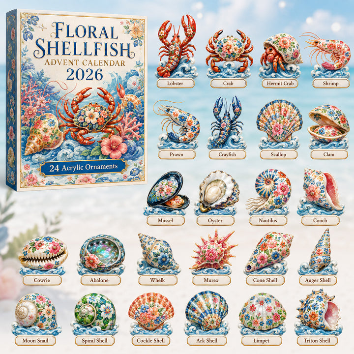CHRISTMAS KICKOFF 40% OFF - Floral Shellfish Advent Calendar 2026 - 24-Day Festive Countdown, Acrylic Charms Blind Box - Gift For Ocean Lovers, Family & Friends AC0HT228