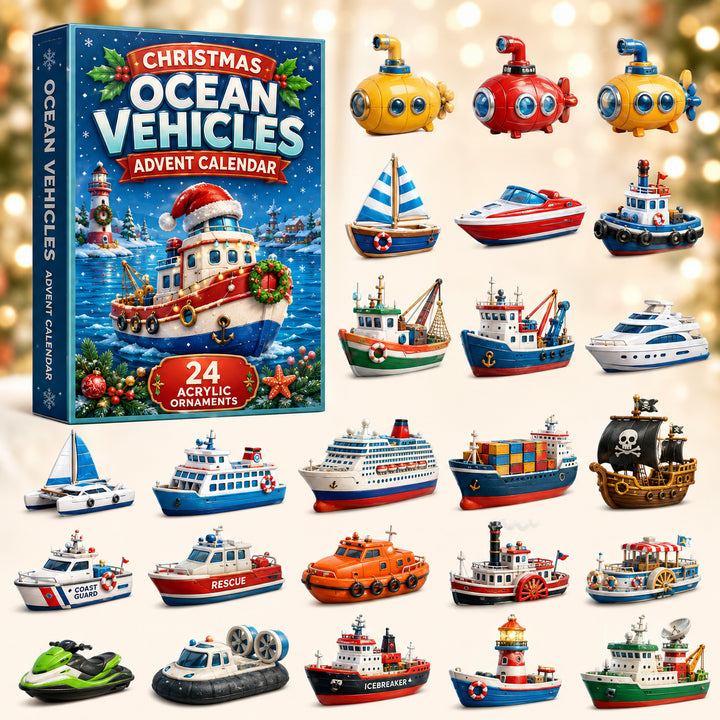 CHRISTMAS KICKOFF 40% OFF - Ocean Vehicles Advent Calendar 2026 - 24-Day Festive Countdown, Acrylic Charms Blind Box - Gift For Kids, Family & Friends