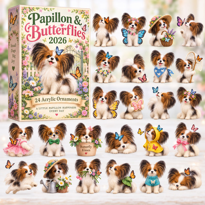 CHRISTMAS KICKOFF 40% OFF - Papillon & Butterflies Advent Calendar 2026 - 24-Day Festive Countdown, Acrylic Charms Blind Box - Gift For Papillon Dog Lovers AC0HT579