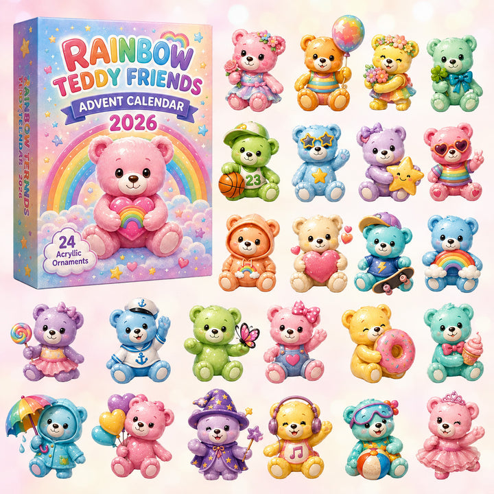 CHRISTMAS KICKOFF 40% OFF - Rainbow Teddy Friends Advent Calendar 2026 - 24-Day Festive Countdown, Acrylic Charms Blind Box - Gift For Kids, Family & Friends AC0HT370