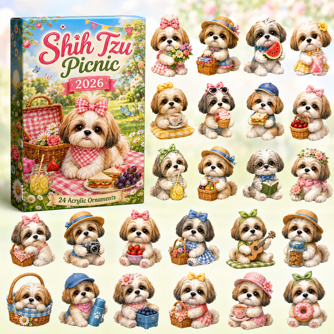 CHRISTMAS KICKOFF 40% OFF - Shih Tzu Picnic Advent Calendar 2026 - 24-Day Festive Countdown, Acrylic Charms Blind Box - Gift For Shih Tzu Lovers AC0HT272