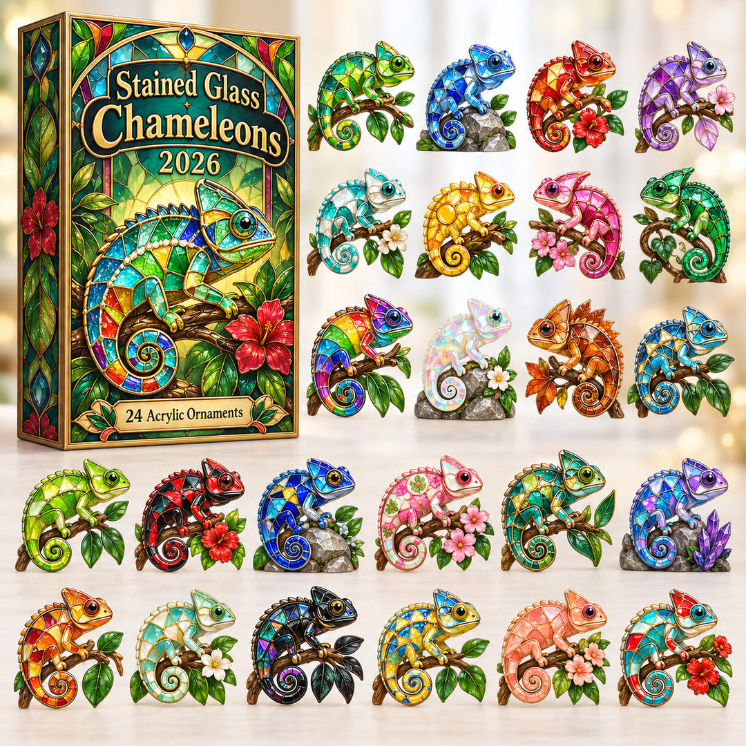 CHRISTMAS KICKOFF 40% OFF - Stained Glass Chameleons Advent Calendar 2026 - 24-Day Festive Countdown, Acrylic Charms Blind Box - Gift For Lizard Lovers AC0HT645