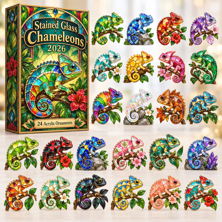 CHRISTMAS KICKOFF 40% OFF - Stained Glass Chameleons Advent Calendar 2026 - 24-Day Festive Countdown, Acrylic Charms Blind Box - Gift For Lizard Lovers AC0HT645