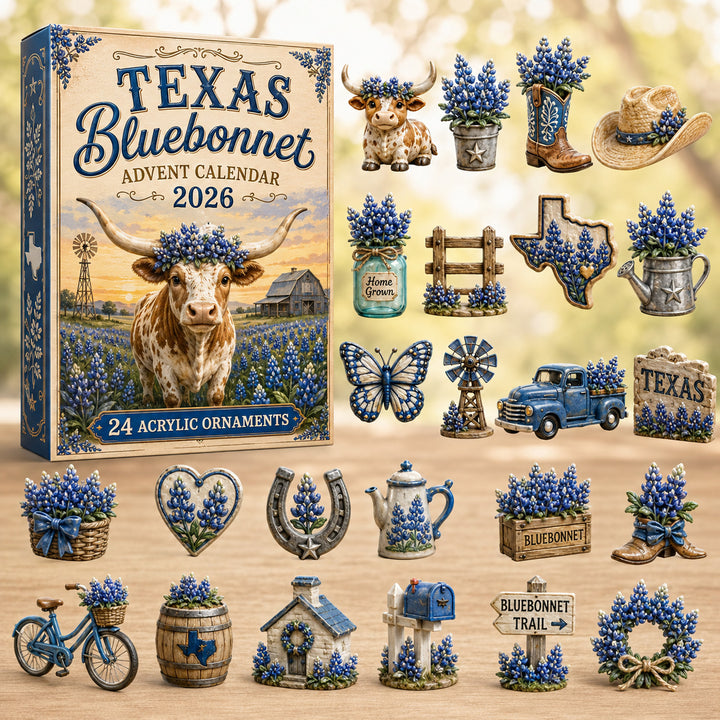 CHRISTMAS KICKOFF 40% OFF - Texas Bluebonnet Advent Calendar 2026 - 24-Day Festive Countdown, Acrylic Charms Blind Box - Gift For Texans, Family & Friends AC0HT553