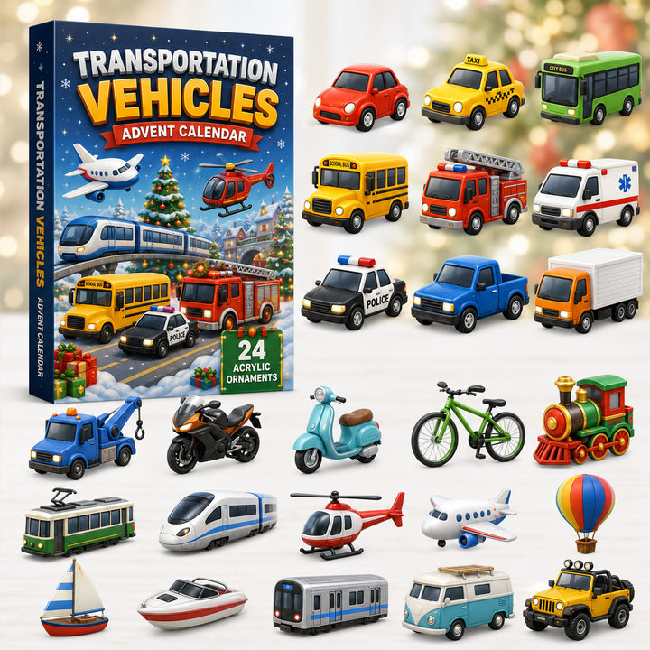 CHRISTMAS KICKOFF 40% OFF - Transportation Vehicles Advent Calendar 2026 - 24-Day Festive Countdown, Acrylic Charms Blind Box - Gift For Kids, Family & Friends