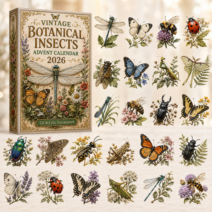 CHRISTMAS KICKOFF 40% OFF - Vintage Botanical Insects Advent Calendar 2026 - 24-Day Festive Countdown, Acrylic Charms Blind Box - Gift For Nature Lovers AC0HT361