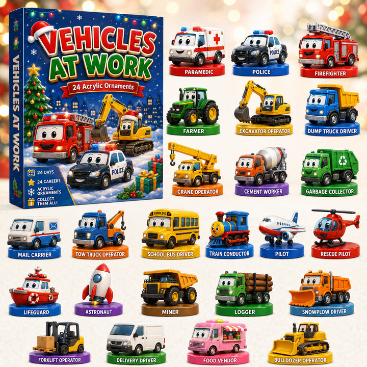 CHRISTMAS KICKOFF 40% OFF - Work Vehicles Advent Calendar 2026 - 24-Day Festive Countdown, Acrylic Charms Blind Box - Gift For Kids, Family & Friends