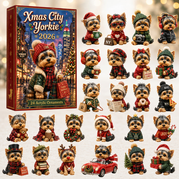 CHRISTMAS KICKOFF 40% OFF - Xmas City Yorkie Advent Calendar 2026 - 24-Day Festive Countdown, Acrylic Charms Blind Box - Gift For Yorkshire Terrier Lovers AC0HT281