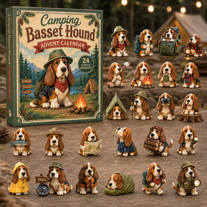 CHRISTMAS KICKOFF 40% OFF - Camping Basset Hound Advent Calendar 2026 - 24-Day Festive Countdown, Acrylic Charms Blind Box - Gift For Basset Hound Lovers AC0NT232