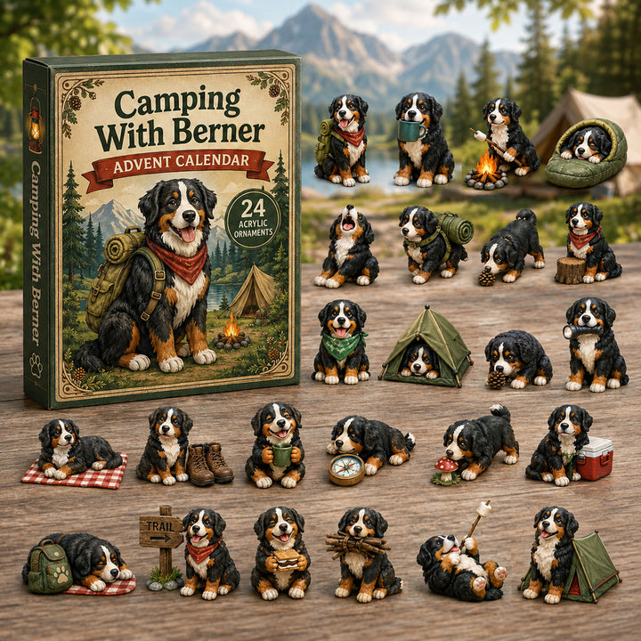 CHRISTMAS KICKOFF 40% OFF - Camping With Berner Advent Calendar 2026 - 24-Day Festive Countdown, Acrylic Charms Blind Box - Gift For Bernese Mountain Dog Lovers AC0NT142