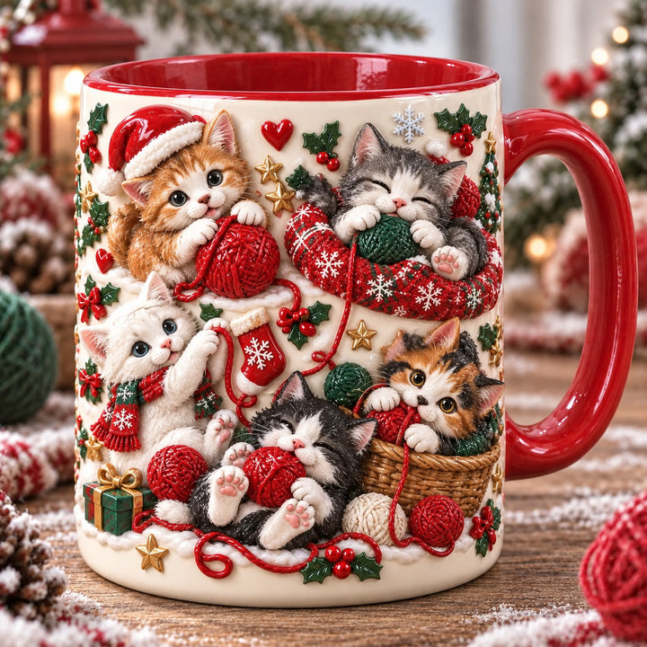 Cats With Yarn Christmas 3D Effect Printed Accent Mug NCU0HT205