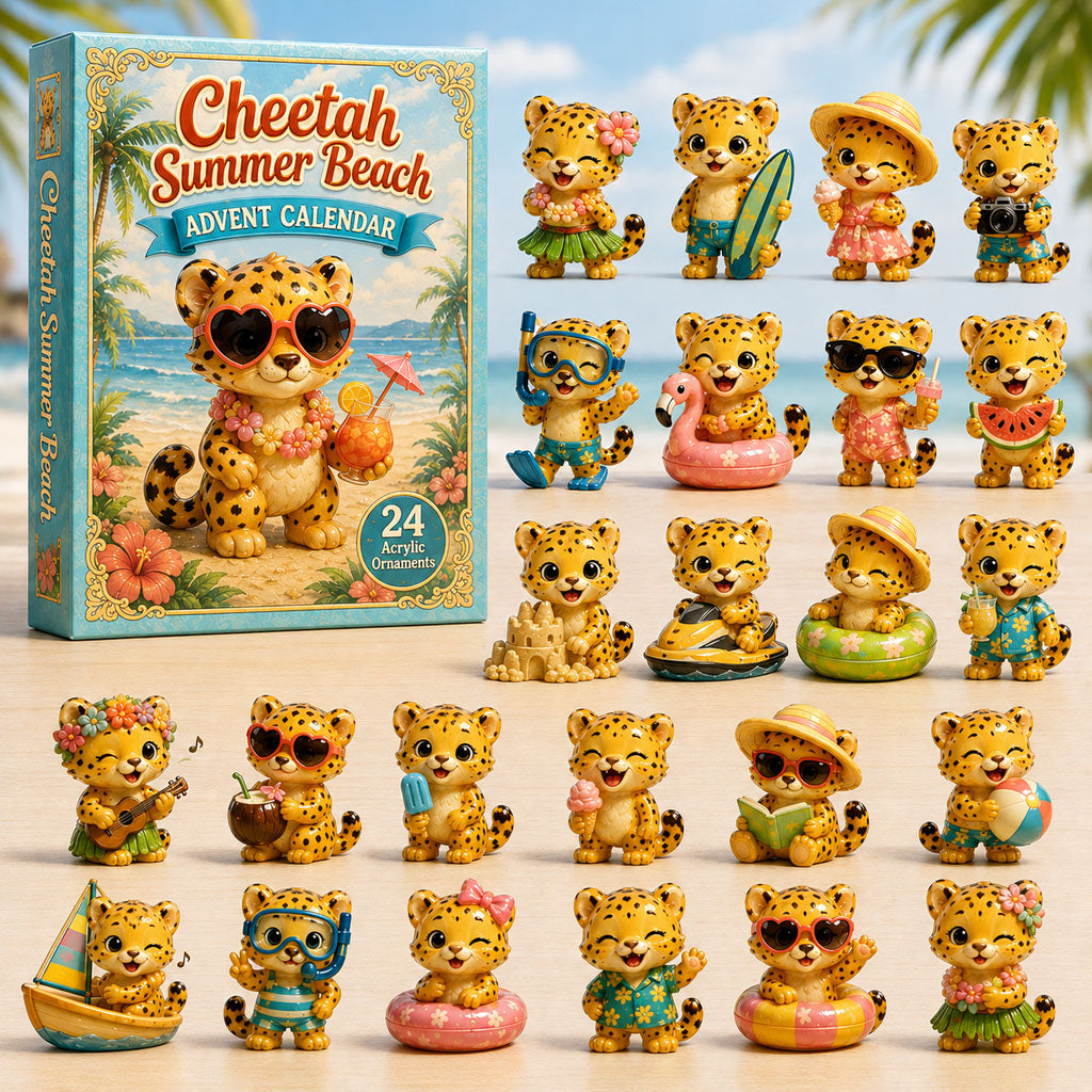 CHRISTMAS KICKOFF 40% OFF - Cheetah Summer Beach Advent Calendar 2026 - 24-Day Festive Countdown, Acrylic Charms Blind Box - Gift For Cheetah Lovers AC0HA124