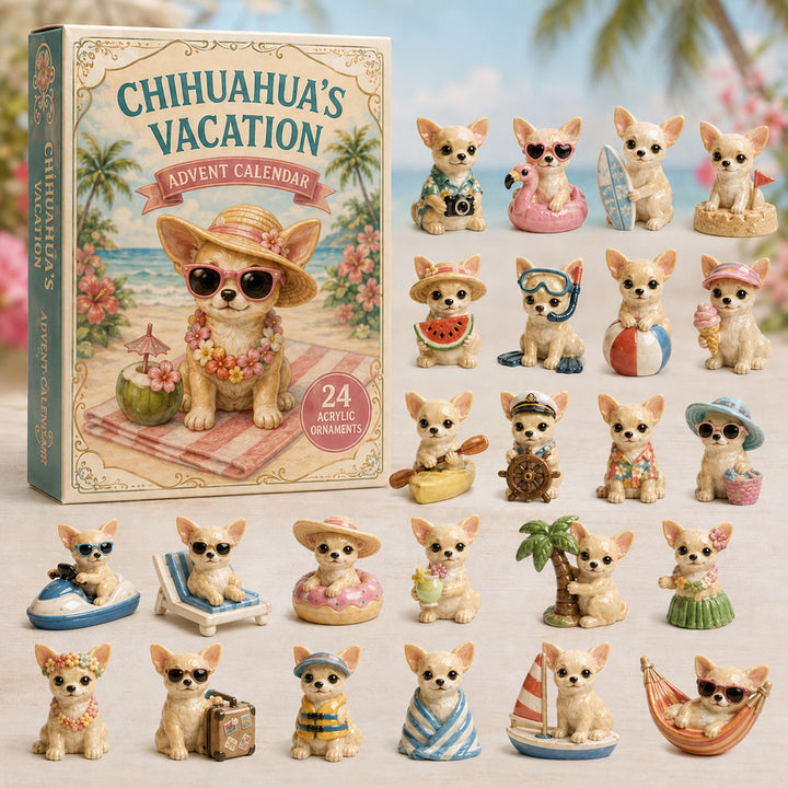 CHRISMAST KICKOFF 40% OFF - Chihuahua Beach Vacation Advent Calendar 2026 - 24-Day Festive Countdown, Acrylic Charms Blind Box - Gift For Dog Lovers AC0TM109