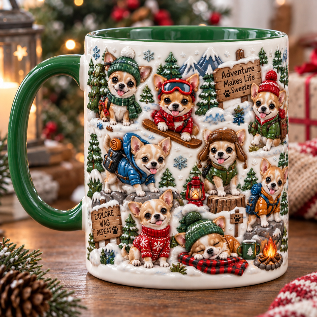 Chihuahua's Winter Adventure Christmas 3D Effect Printed Accent Mug NCU0TM130
