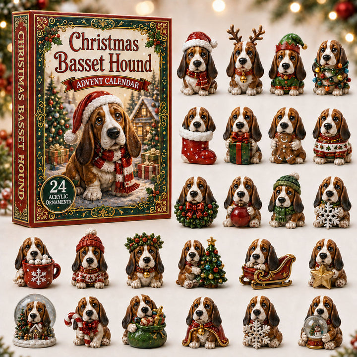 CHRISTMAS KICKOFF 40% OFF - Christmas Basset Hound Advent Calendar 2026 - 24-Day Festive Countdown, Acrylic Charms Blind Box - Gift For Basset Hound Lovers AC0NT011