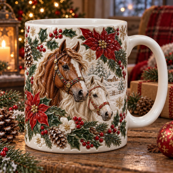 Christmas Poinsettia Horses Ceramic Mug 1