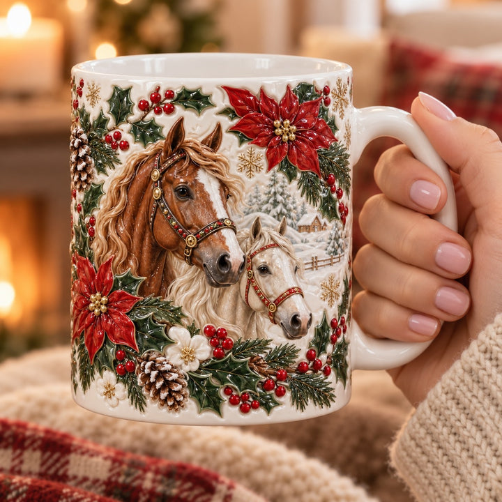 Christmas Poinsettia Horses Ceramic Mug 2