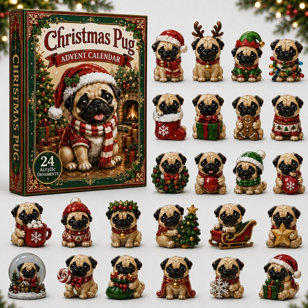 CHRISTMAS KICKOFF 40% OFF - Christmas Pug Advent Calendar 2026 - 24-Day Festive Countdown, Acrylic Charms Blind Box - Gift For Dog Lovers