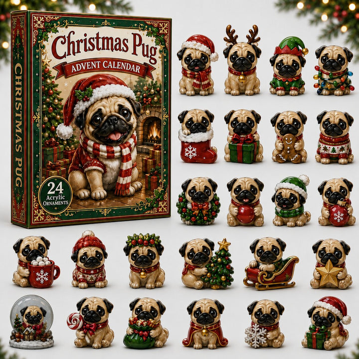 CHRISTMAS KICKOFF 40% OFF - Christmas Pug Advent Calendar 2026 - 24-Day Festive Countdown, Acrylic Charms Blind Box - Gift For Dog Lovers