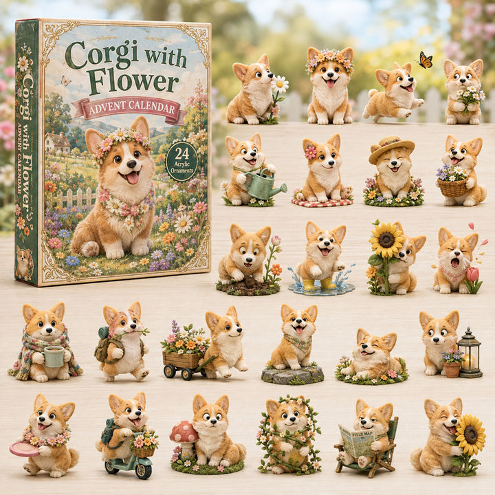 CHRISTMAS KICKOFF 40% OFF - Corgi With Flower Advent Calendar 2026 - 24-Day Festive Countdown, Acrylic Charms Blind Box - Gift For Corgi Lovers AC0TH106