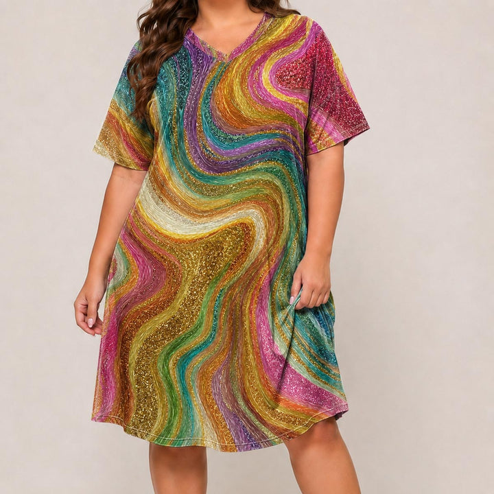 Cosmic Swirl Short Sleeve V Neck Midi Dress NCU0DV148