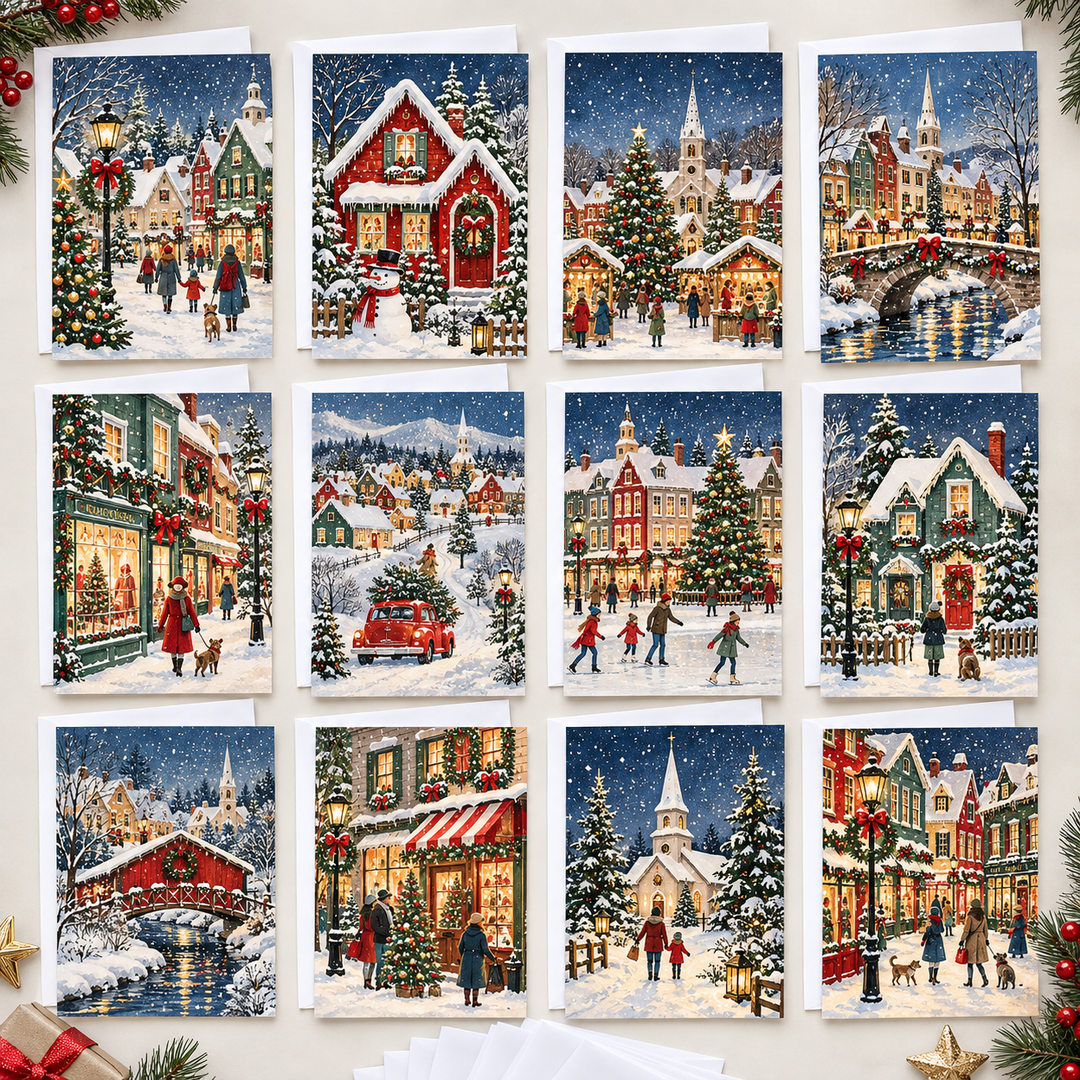 Cozy Winter Town Christmas Cards Assortment, Set of 12 - Holiday Greeting Cards GC0TL019