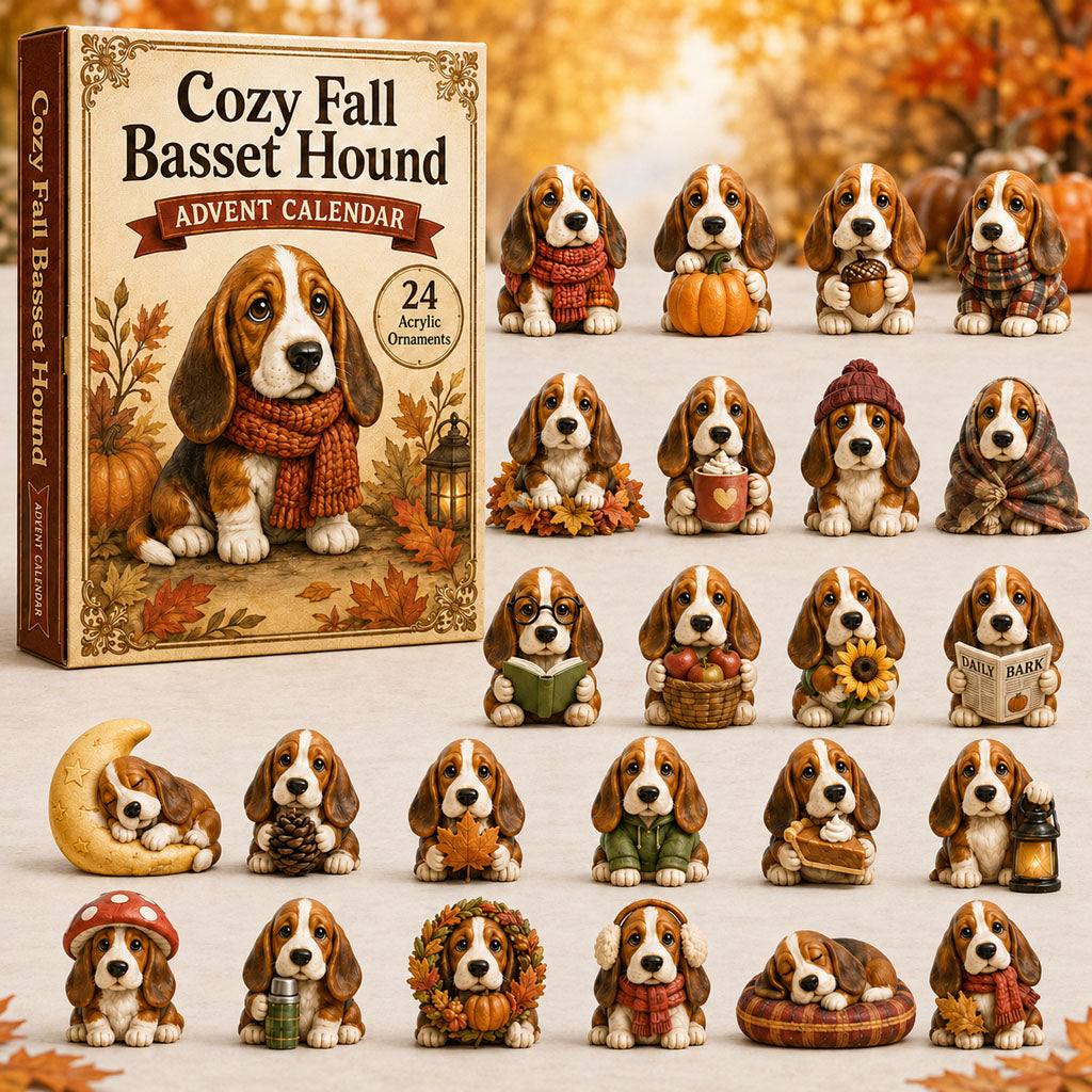 CHRISTMAS KICKOFF 40% OFF - Cozy Fall Basset Hound Advent Calendar 2026 - 24-Day Festive Countdown, Acrylic Charms Blind Box - Gift For Basset Hound Lovers AC0NT012