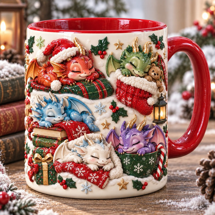 Cozy Sleepy Dragons Christmas 3D Effect Printed Accent Mug NCU0HT199