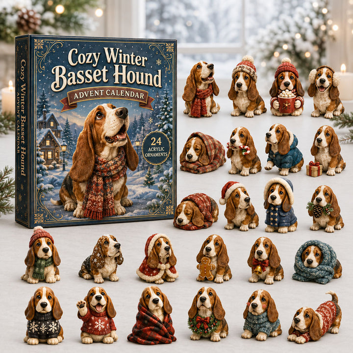 CHRISTMAS KICKOFF 40% OFF - Cozy Winter Basset Advent Calendar 2026 - 24-Day Festive Countdown, Acrylic Charms Blind Box - Gift For Basset Hound Lovers AC0NT233