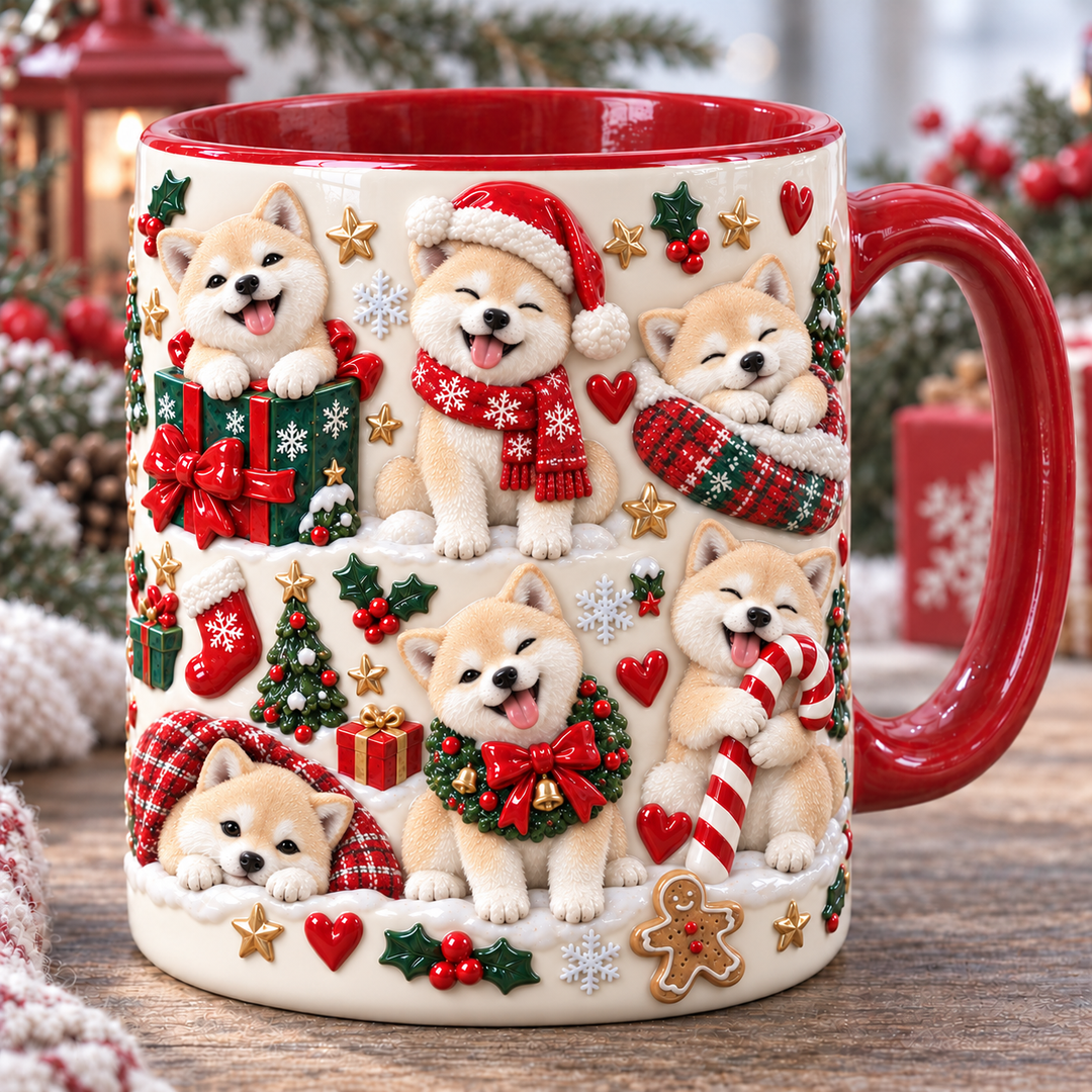 Cream Shiba Inu Silly Moment Christmas 3D Effect Printed Accent Mug NCU0HA104