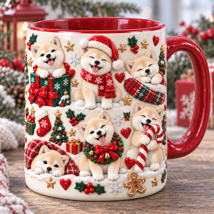 Cream Shiba Inu Silly Moment Christmas 3D Effect Printed Accent Mug NCU0HA104
