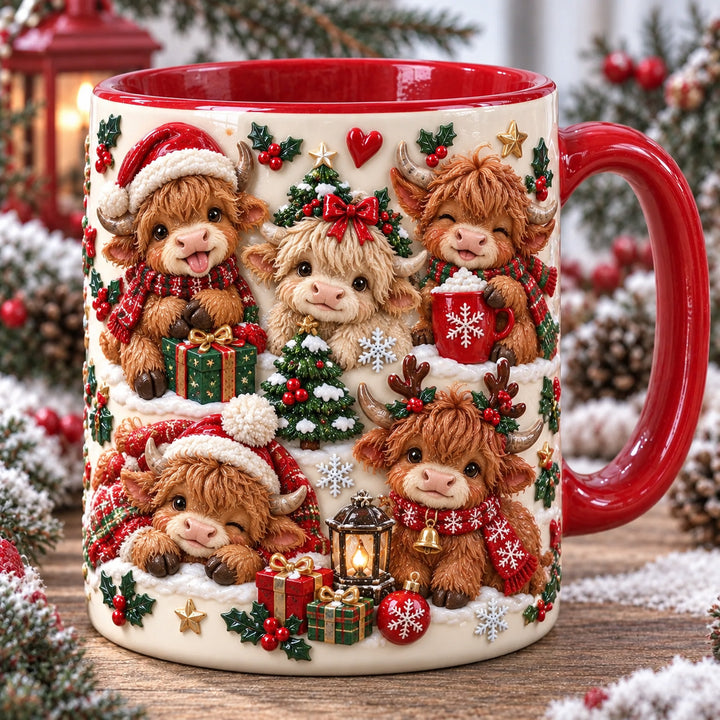 Cute Highland Cows Christmas 3D Effect Printed Accent Mug NCU0HT217