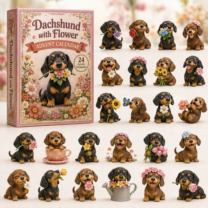 CHRISTMAS KICKOFF 40% OFF - Dachshund With Flower Advent Calendar 2026 - 24-Day Festive Countdown, Acrylic Charms Blind Box - Gift For Dachshund Lovers AC0TH092