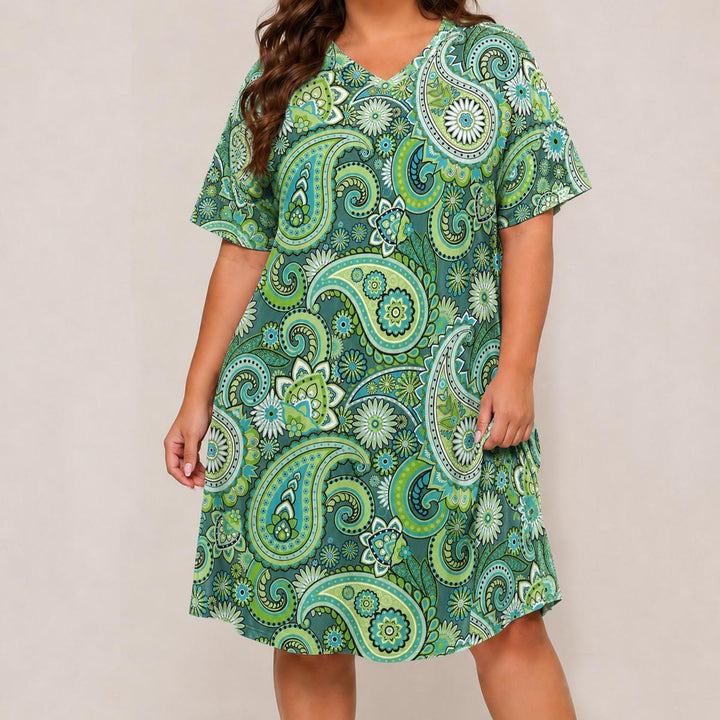 Emerald Swirl Short Sleeve V Neck Midi Dress NCU0DV144