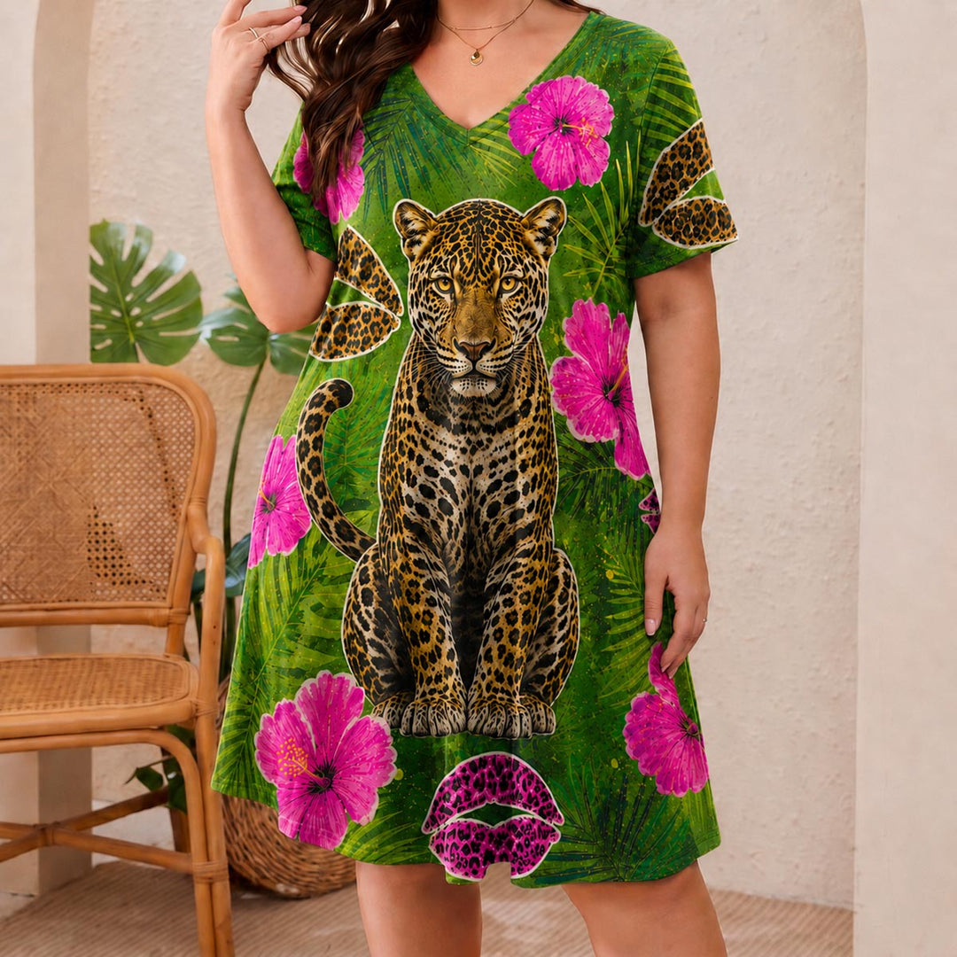 Emerald Leopard Short Sleeve V Neck Midi Dress NCU0DV157
