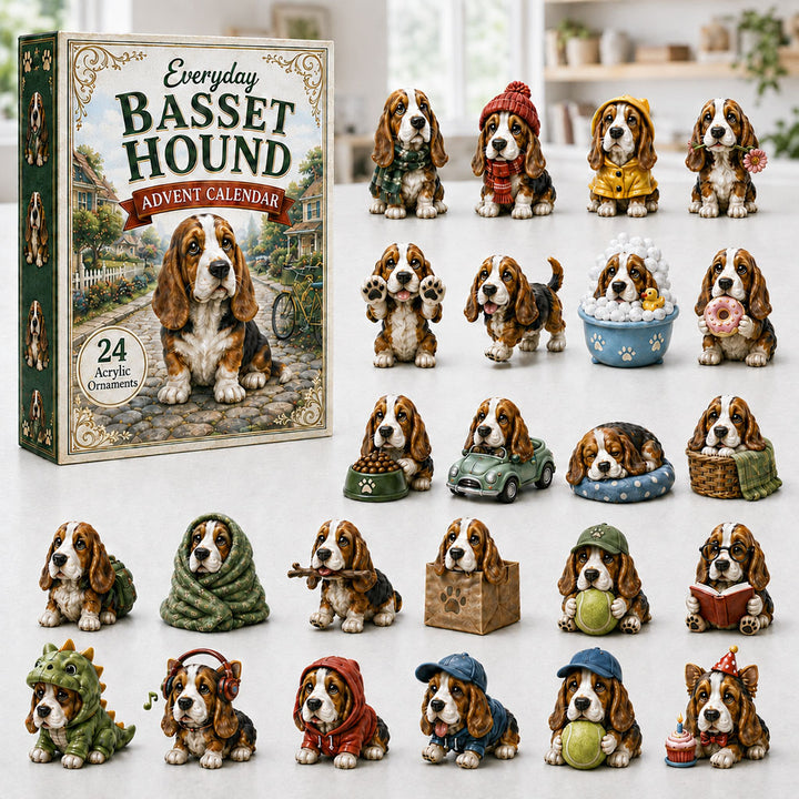 CHRISTMAS KICKOFF 40% OFF - Everyday Basset Hound Advent Calendar 2026 - 24-Day Festive Countdown, Acrylic Charms Blind Box - Gift For Basset Hound Lovers AC0NT013