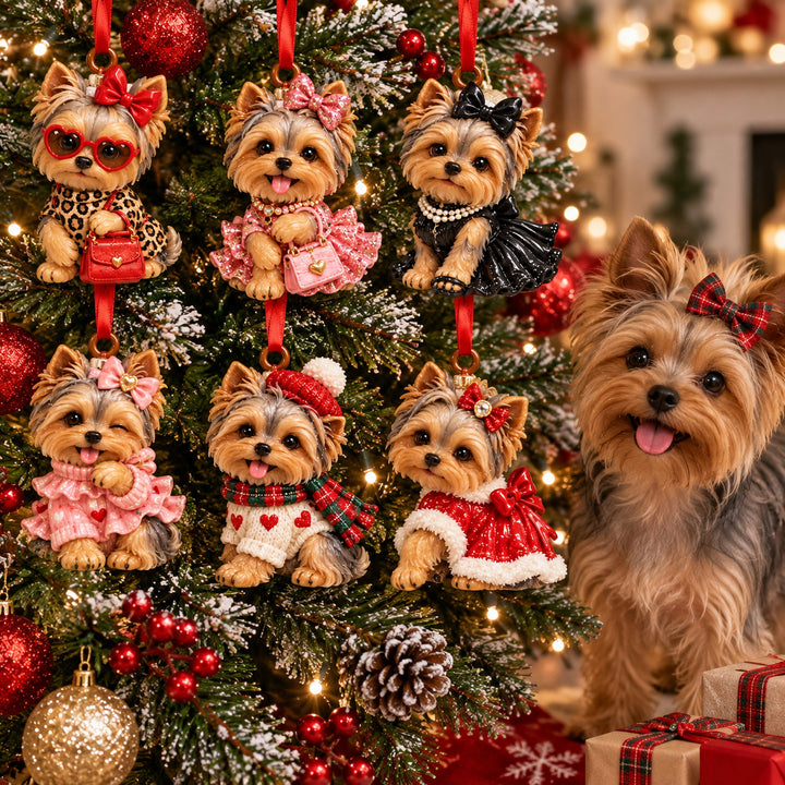 Fancy Yorkie Holiday Acrylic Ornament Gift Set NCU0HT188